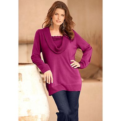Roaman's Women's Plus Size Lightweight Cowl Neck Sweater With Lace Trim