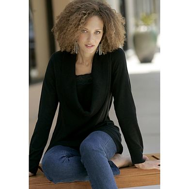 Roaman's Women's Plus Size Lightweight Cowl Neck Sweater With Lace Trim