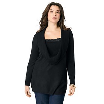 Roaman's Women's Plus Size Plus Size Lightweight Cowl Neck Sweater With Lace Trim