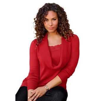 Roaman's Women's Plus Size Plus Size Lightweight Cowl Neck Sweater With Lace Trim