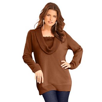 Roaman's Women's Plus Size Plus Size Lightweight Cowl Neck Sweater With Lace Trim