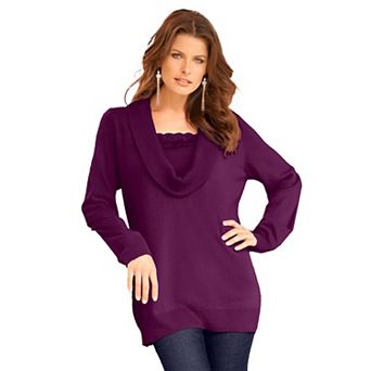 Roaman's Women's Plus Size Plus Size Lightweight Cowl Neck Sweater With Lace Trim