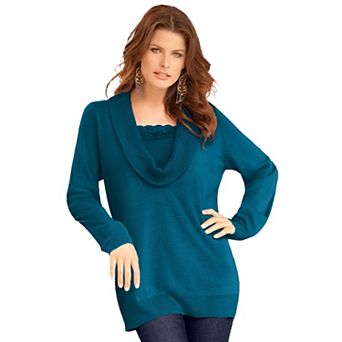 Roaman's Women's Plus Size Plus Size Lightweight Cowl Neck Sweater With Lace Trim