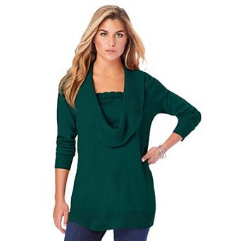Roaman's Women's Plus Size Plus Size Lightweight Cowl Neck Sweater With Lace Trim