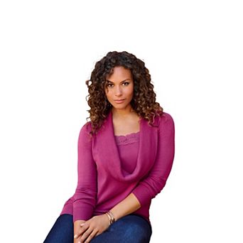 Roaman's Women's Plus Size Plus Size Lightweight Cowl Neck Sweater With Lace Trim