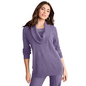 Roaman's Women's Plus Size Lightweight Cowl Neck Sweater With Lace Trim