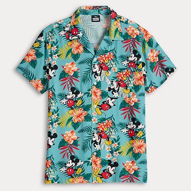 Disney's Mickey Mouse Men's Tropical Button Down Short Sleeve Shirt