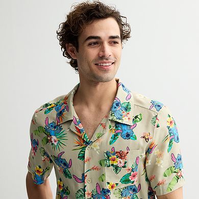 Disney's Lilo & Stitch Men's Tropical Button Down Short Sleeve Shirt