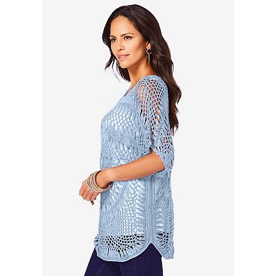 Roaman's Women's Plus Size Relaxed Pullover Crochet Sweater