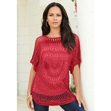 Roaman's Women's Plus Size Relaxed Pullover Crochet Sweater