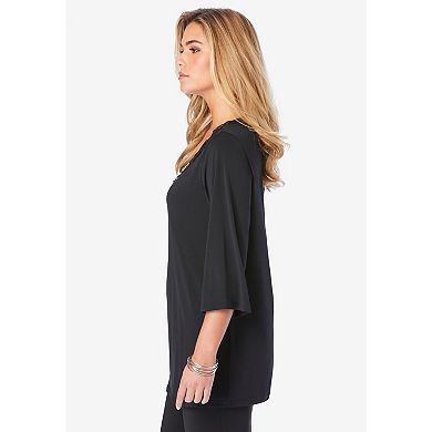 Roaman's Women's Plus Size Lace V Neck Ultrasmooth Fabric Top
