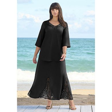 Roaman's Women's Plus Size Lace V Neck Ultrasmooth Fabric Top