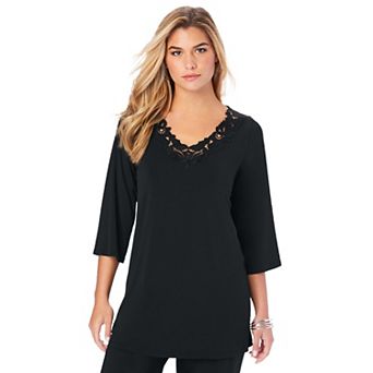 Roaman's Women's Plus Size Lace V Neck Ultrasmooth Fabric Top