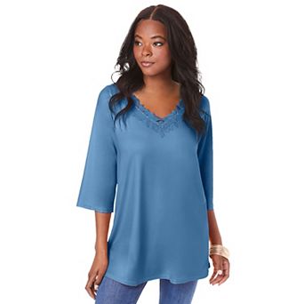 Roaman's Women's Plus Size Lace V Neck Ultrasmooth Fabric Top