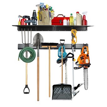RaxGo Garage Tool Storage Rack with Wall Shelf 12 pc Organizer Hanger for Tools & Garden Gear