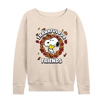 Women's Peanuts Snoopy & Woodstock Thankful For Friends French Terry Long Sleeve Tee