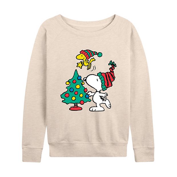 Licensed Character Women s Peanuts Christmas Tree Lightweight French Terry Sweatshirt Size Large Beige
