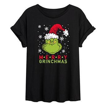 Juniors' Dr. Seuss Merry Grinchmas Oversized Tee