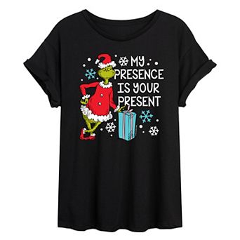 Juniors' Dr. Seuss Grinch My Presence Oversized Tee