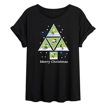 Juniors' Peanuts Christmas Tree Stamps Oversized Tee
