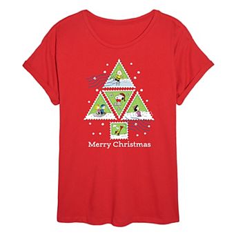 Juniors' Peanuts Christmas Tree Stamps Oversized Tee