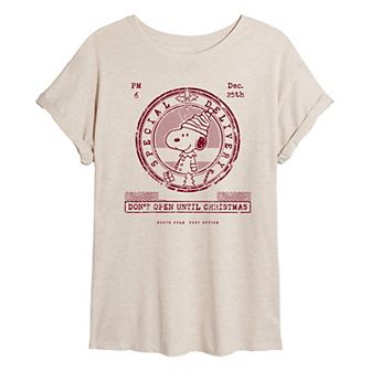 Juniors' Peanuts Snoopy Don't Open Until Christmas Oversized Tee