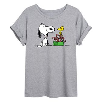 Juniors' Peanuts Snoopy & Woodstock Candy Canes Oversized Tee