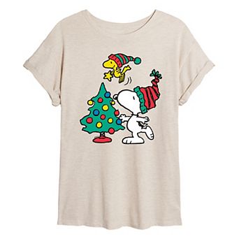Juniors' Peanuts Snoopy & Woodstock Christmas Tree Oversized Tee