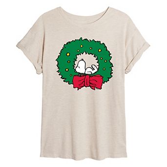 Juniors' Peanuts Snoopy Wreath Oversized Tee
