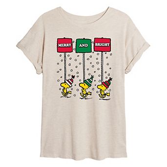 Juniors' Peanuts Woodstock Merry & Bright Oversized Tee