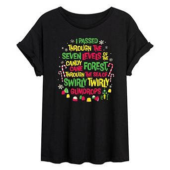Juniors' Elf Candy Cane Forest Oversized Tee