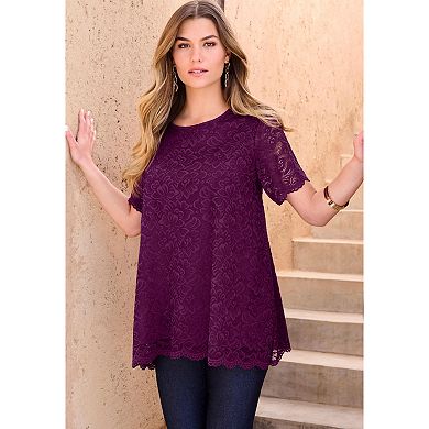 Roaman's Women's Plus Size Allover Lace Swing Tee