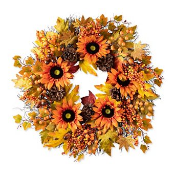 Glitzhome 24'' Fall Wreath For Front Door Decor With Sunflower, Maple Leaf And Berry Ornament