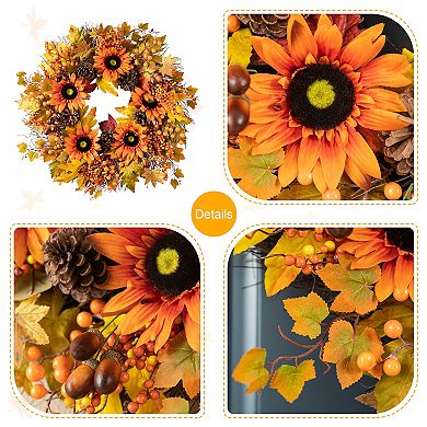 Glitzhome 24'' Fall Wreath For Front Door Decor With Sunflower, Maple Leaf And Berry Ornament