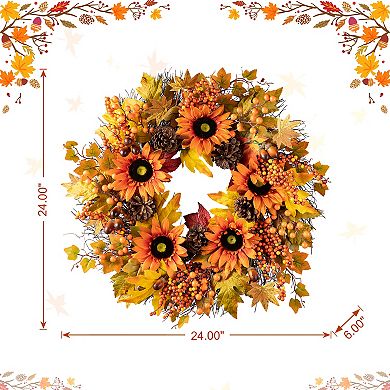 Glitzhome 24'' Fall Wreath For Front Door Decor With Sunflower, Maple Leaf And Berry Ornament