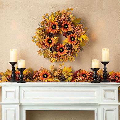 Glitzhome 24'' Fall Wreath For Front Door Decor With Sunflower, Maple Leaf And Berry Ornament