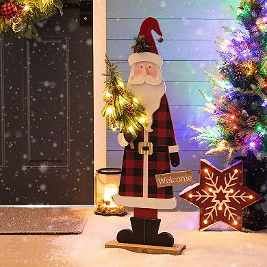Glitzhome 36" H Lighted Wooden Christmas Santa Porch Sign, Merry Christmas Standing Porch Decor