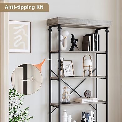 Industrial Bookshelf Wood Bookcase 6 Tier Storage