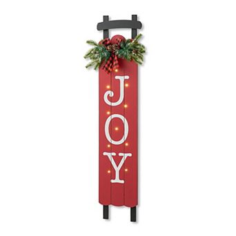 Glitzhome 40" H Lighted Wooden Sleigh Sign, Joy Porch Sign Decorative Plaque for Xmas Home Porch