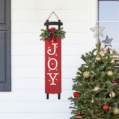 Glitzhome 40" H Lighted Wooden Sleigh Sign, Joy Porch Sign Decorative Plaque for Xmas Home Porch