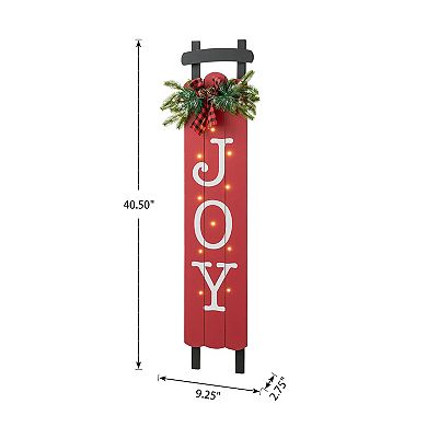 Glitzhome 40" H Lighted Wooden Sleigh Sign, Joy Porch Sign Decorative Plaque for Xmas Home Porch