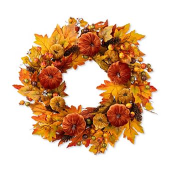 Glitzhome 24 Inch Fall Autumn Artificial Maple Leaf Wreath Includes a Black Metal Wreath Hanger