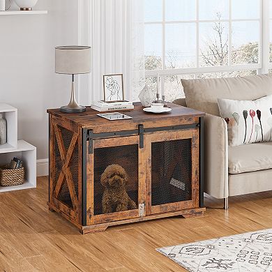 Sliding Barn Door Dog Crate Furniture with Flip Top and Movable Divider