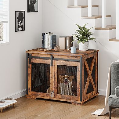 Sliding Barn Door Dog Crate Furniture with Flip Top and Movable Divider