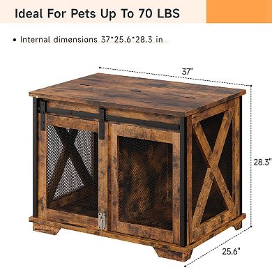 Sliding Barn Door Dog Crate Furniture with Flip Top and Movable Divider