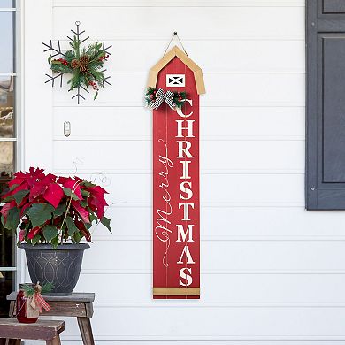 Glitzhome 42"h Christmas Wooden "Merry Christmas" House Shape Porch Decor Sign With Floral