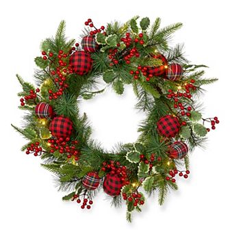 Glitzhome 24 Inch Prelit Christmas Berry Holly Pine Wreath For Front Door Porch