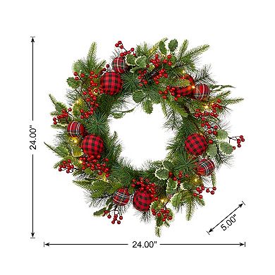 Glitzhome 24 Inch Prelit Christmas Berry Holly Pine Wreath For Front Door Porch