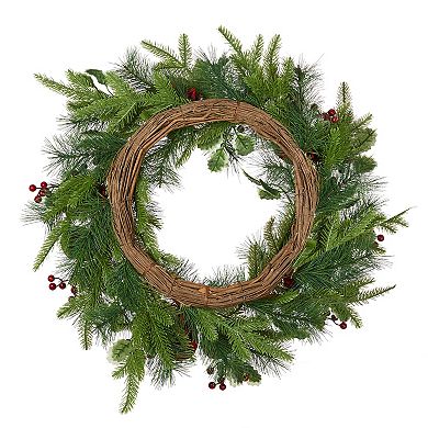 Glitzhome 24 Inch Prelit Christmas Berry Holly Pine Wreath For Front Door Porch