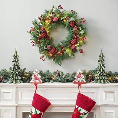 Glitzhome 24 Inch Prelit Christmas Berry Holly Pine Wreath For Front Door Porch